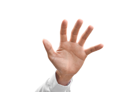 Man hand gesture in white shirt isolated on transparent background - PNG format.