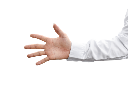 Man hand gesture in white shirt isolated on transparent background - PNG format.
