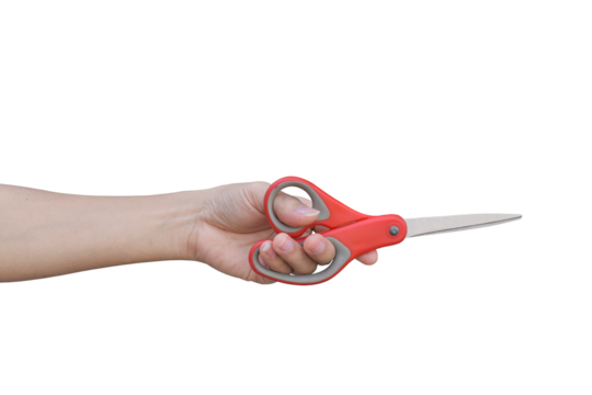 Hand holding scissors isolated on transparent background - PNG format.