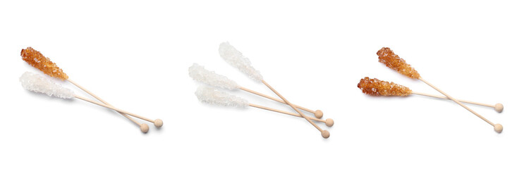 Set of wooden sticks with sugar crystals on white background, banner design. Tasty rock candies