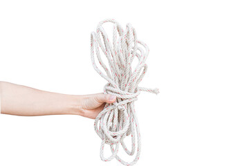Man hand holding rope isolated on transparent background - PNG format.