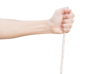 Man hand holding rope isolated on transparent background - PNG format.