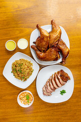 Pollo al cilindro, Chancho o cerdo al cilindro, arroz chaufa, ensalada y cremas