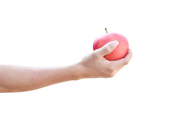 hand holding a red apple isolated on transparent background - PNG format.
