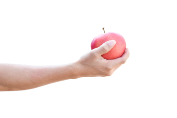 hand holding a red apple isolated on transparent background - PNG format.