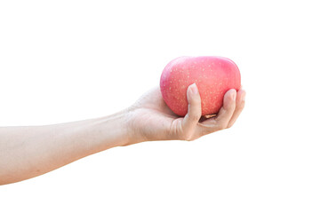 hand holding a red apple isolated on transparent background - PNG format.