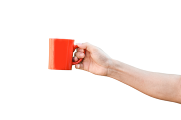 hand holding red cup isolated on transparent background - PNG format.