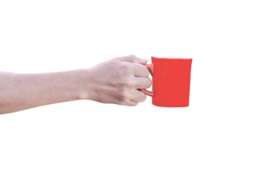 hand holding red cup isolated on transparent background - PNG format.