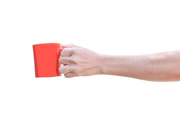 Obraz premium hand holding red cup isolated on transparent background - PNG format.