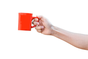 hand holding red cup isolated on transparent background - PNG format.