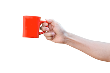 hand holding red cup isolated on transparent background - PNG format.