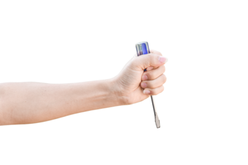 Hand holding screwdriver flat isolated on transparent background - PNG format.