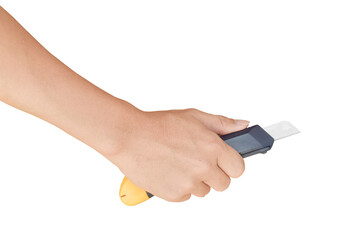Hand holding cutter paper knife isolated on transparent background - PNG format.