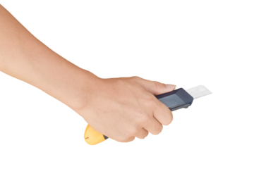 Hand holding cutter paper knife isolated on transparent background - PNG format.