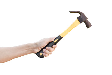 hand holding old rusty hammer isolated on transparent background - PNG format.