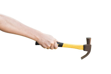 hand holding old rusty hammer isolated on transparent background - PNG format.
