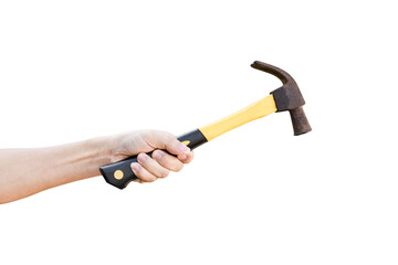 hand holding old rusty hammer isolated on transparent background - PNG format.