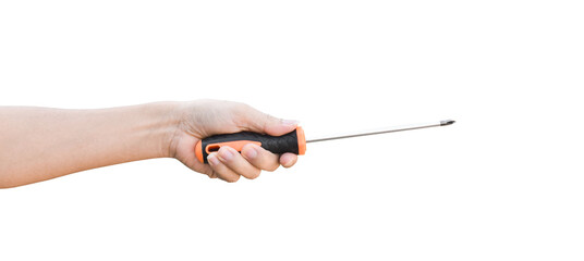 Male hand holding screwdriver isolated on transparent background - PNG format.