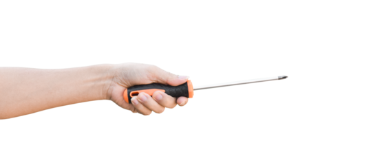 Male hand holding screwdriver isolated on transparent background - PNG format.