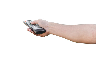 Hand holding television remote control on transparent background - PNG format.