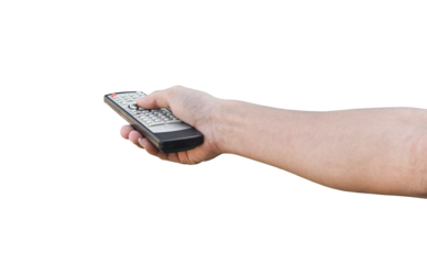 Hand holding television remote control on transparent background - PNG format.