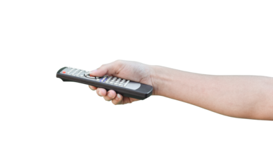 Hand holding television remote control on transparent background - PNG format.