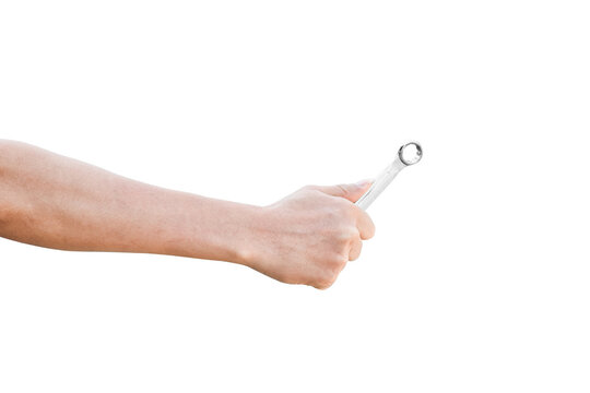 Hand holding a spanner isolated on transparent background - PNG format.