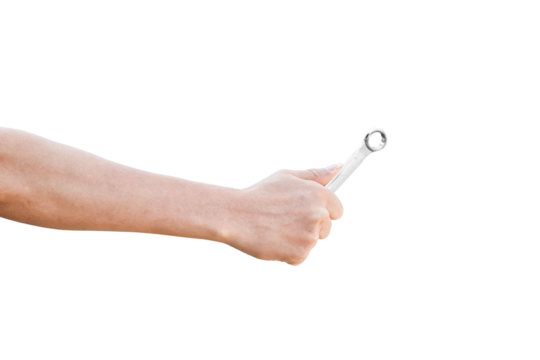 Hand holding a spanner isolated on transparent background - PNG format.