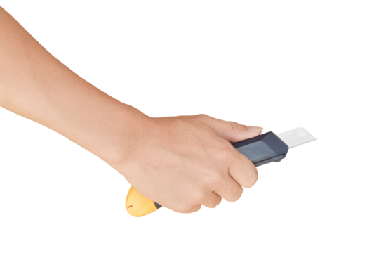 Hand holding cutter paper knife isolated on transparent background - PNG format.