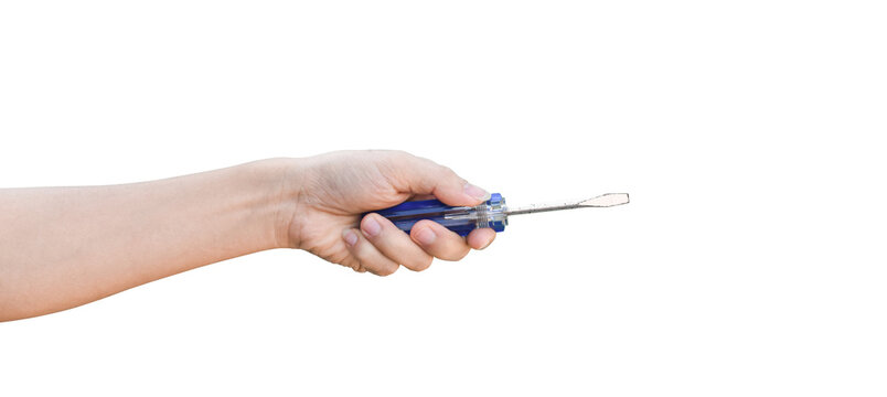 Male hand holding screwdriver isolated on transparent background - PNG format.