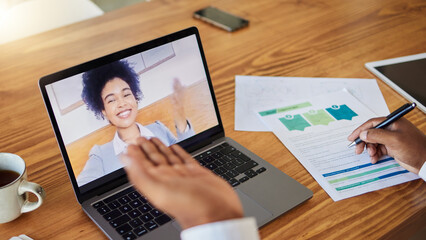 Business people in a video call strategy, planning and finance meeting on a laptop. Corporate businessman or accounting professional using teamwork, communication and financial chart to reach goals