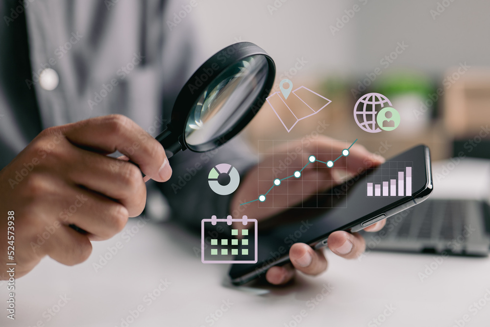 Poster Analyzing graphs and charts with a magnifying glass, calculating or investigating market expansion, financial reports, investment data, or sales information concepts, is a smart business analyst.