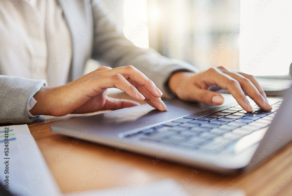 Poster keyboard, laptop and typing closeup of worker at desk in office. business employee reading emails on