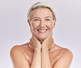 Skincare, bodycare and face of a mature woman with wrinkles and anti aging beauty hygiene routine. Portrait of happy senior lady with a healthy, wellness and self care lifestyle in a studio. - obrazy, fototapety, plakaty