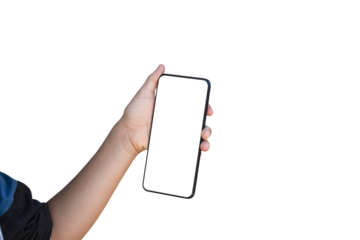Child hand holding smartphone with blank screen on transparent background - PNG format.