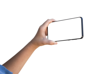 Child hand holding smartphone with blank screen on transparent background - PNG format.