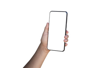 Child hand holding smartphone with blank screen on transparent background - PNG format.