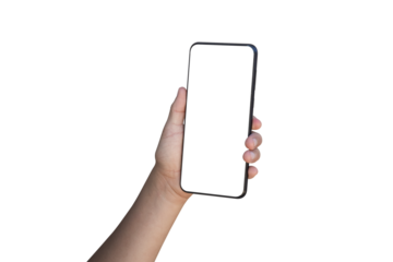 Child hand holding smartphone with blank screen on transparent background - PNG format.