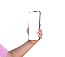Child hand holding smartphone with blank screen on transparent background - PNG format.