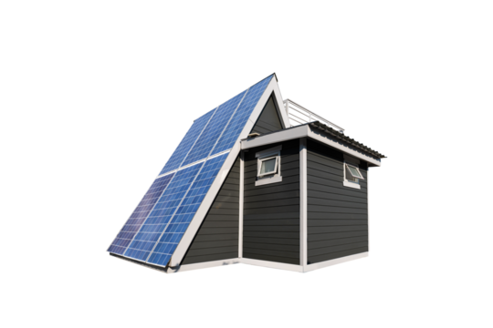 House with solar panel isolated on transparent background - PNG format.