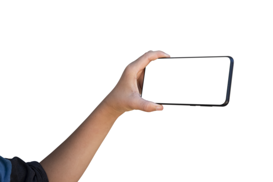 Child hand holding smartphone with blank screen on transparent background - PNG format.