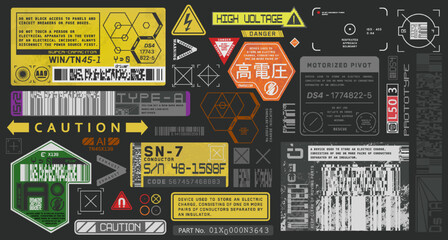 Set of vector stickers and labels in futuristic style. Inscriptions and symbols, Japanese hieroglyphs for danger, attention, AI controlled, high voltage, warning. Cyberpunk sticker set - obrazy, fototapety, plakaty