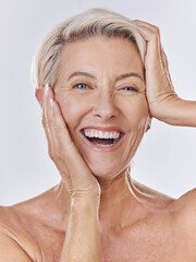Skincare, wrinkles and face of old woman or model in beauty, cosmetics or flawless skin portrait...