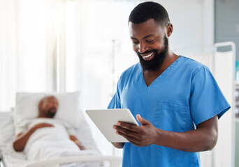 Fototapeta premium Smiling surgeon reading email about patient health and insurance plan in a hospital. Discovery, innovation and medical breakthrough with happy black doctor reading digital tablet, getting good news.