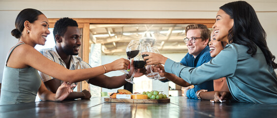 Friends, wine tasting and toasting alcohol with drinking glasses in restaurant on farm, winery...