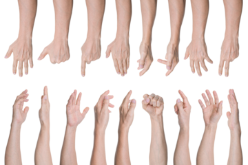 Set of Man hand gestures isolated on transparent background - PNG format.