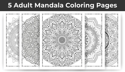 05 Adult Mandala Coloring Page Bundle for KDP Interior.
Adult coloring page interior. Arabic style mandala pattern set design. Coloring page interior. Black and white mandala ornament bundle.
