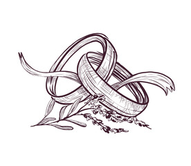 A pair of wedding rings with a lavender in vintage style. Wedding accessory for the bride and groom, hand drawing