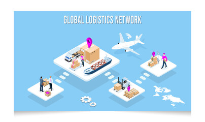 3D isometric Global logistics network concept with transport, export, import, cargo and more.