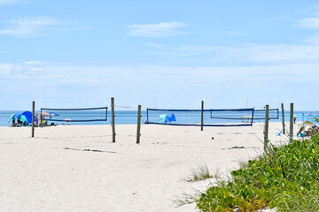 Empty volleyball nets waiting for players at Vero Beach, Florida on Hutchinson Island